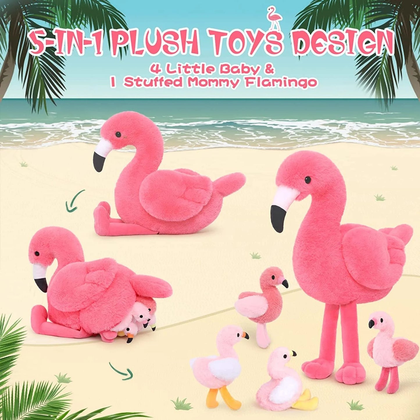 18'' Plush Flamingo Stuffed Animal Mommy Stuffed Flamingo with 4 Babies