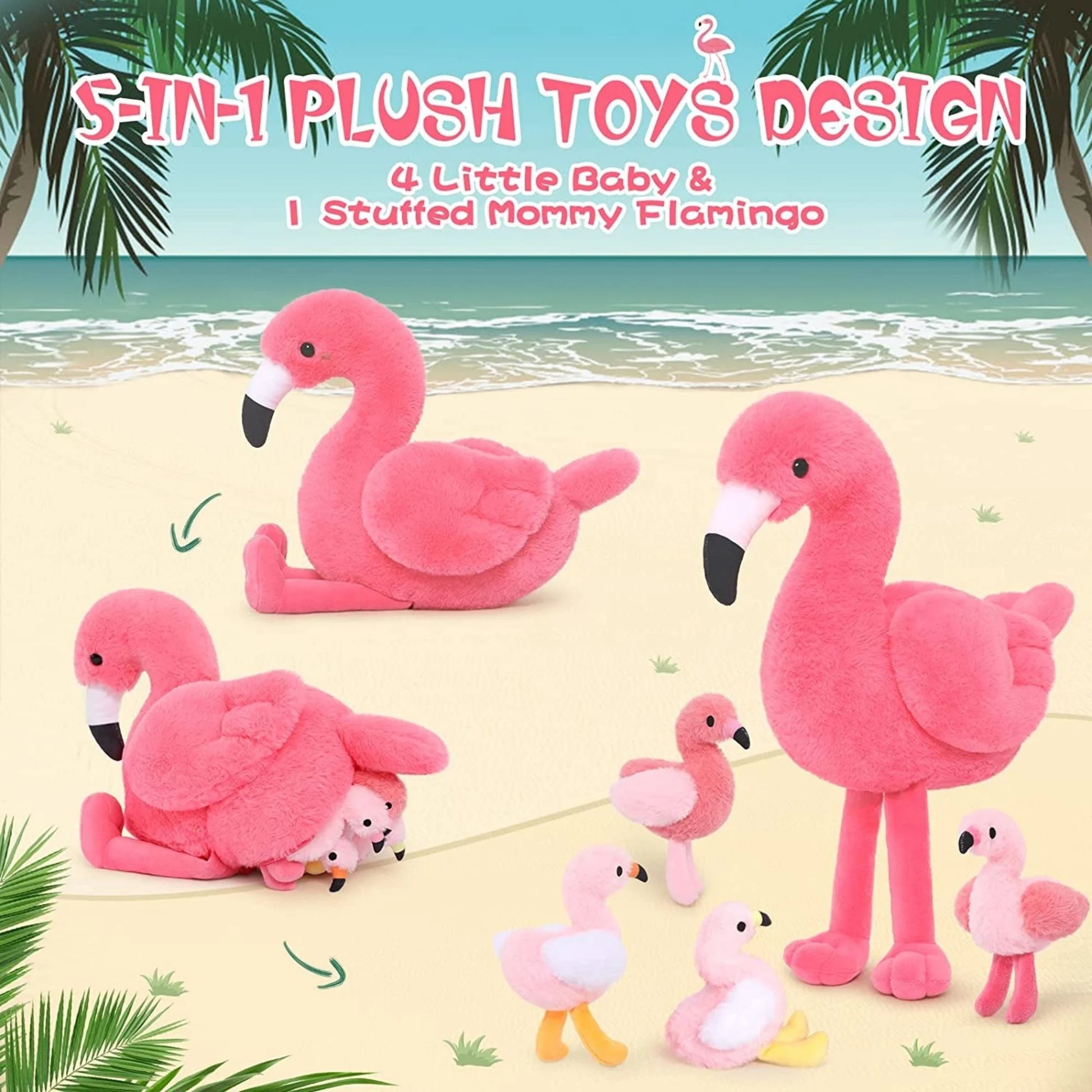 18'' Plush Flamingo Stuffed Animal Mommy Stuffed Flamingo with 4 Babies