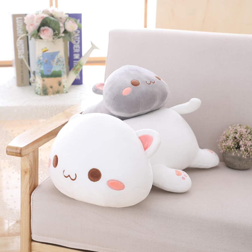 Cat Plush Hugging Pillow, Soft Cat Stuffed Animals Kawaii Kitten Plush Toy Gifts for Kids (White round Eyes, 19.6")