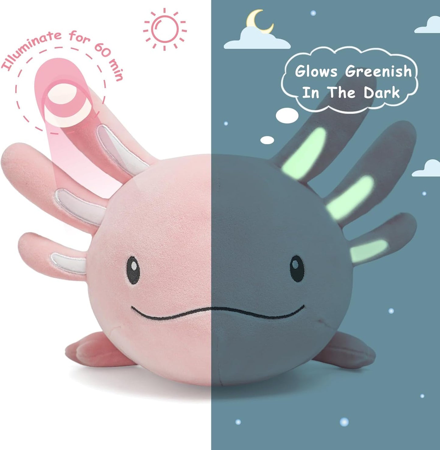 20 Inch Pink Axolotl Plush Toy - Luminous, Realistic, Cute Stuffed Animal Plushies for Girls & Boys - Glow-In-The-Dark Birthday Gifts