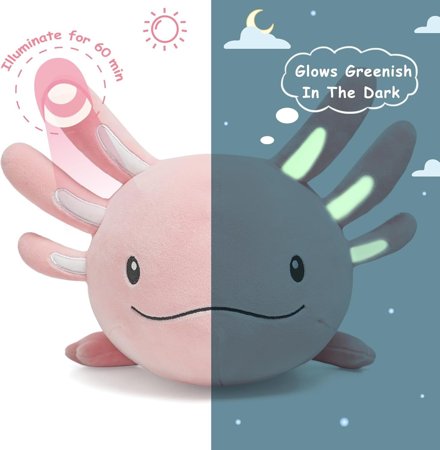 20 Inch Pink Axolotl Plush Toy - Luminous, Realistic, Cute Stuffed Animal Plushies for Girls & Boys - Glow-In-The-Dark Birthday Gifts