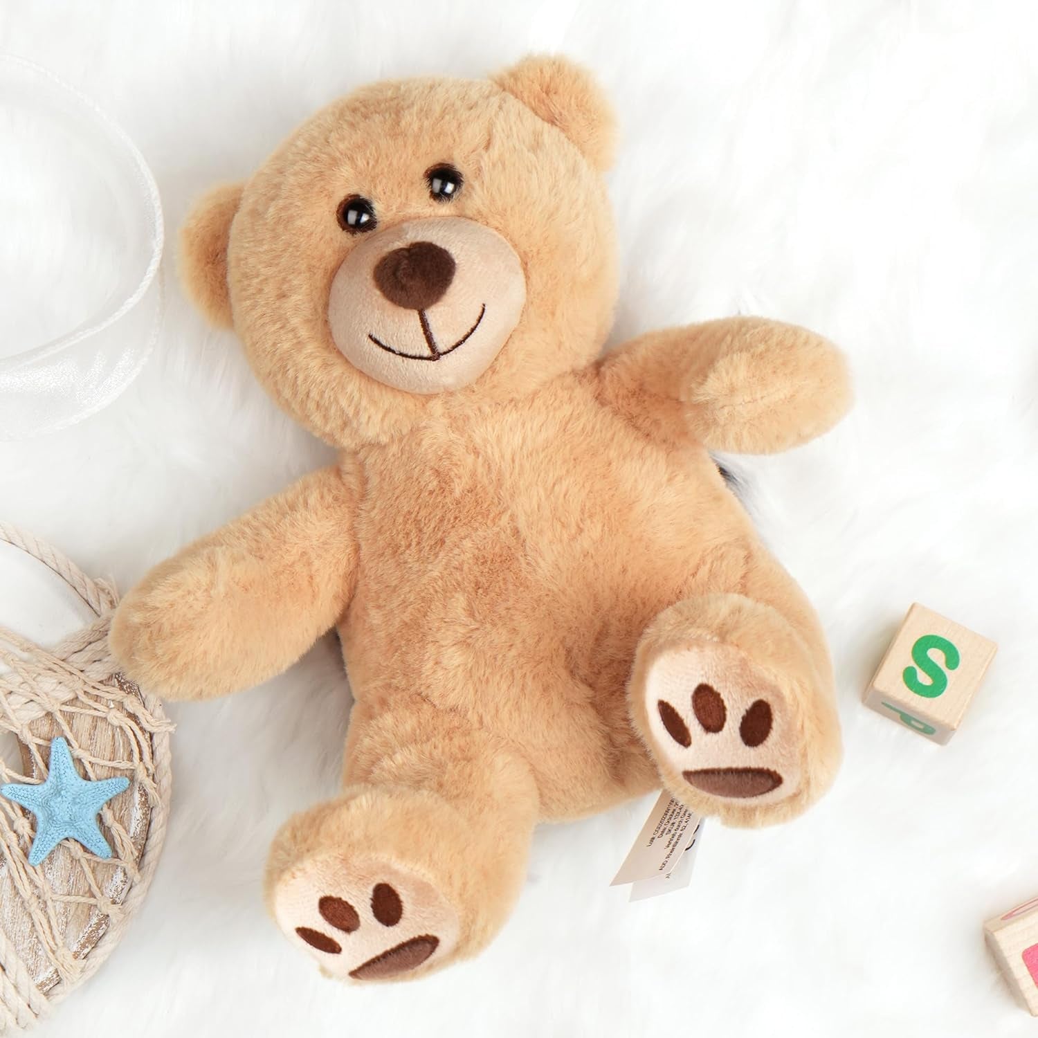 Teddy Bear Stuffed Animals, 10 Inch Soft Cuddly Plush Toys, Cute Plushies with Footprints, Stuffed Animals for Girls Kids Baby Toddlers, Baby Shower Easter Birthday Gift Decor, Light Brown