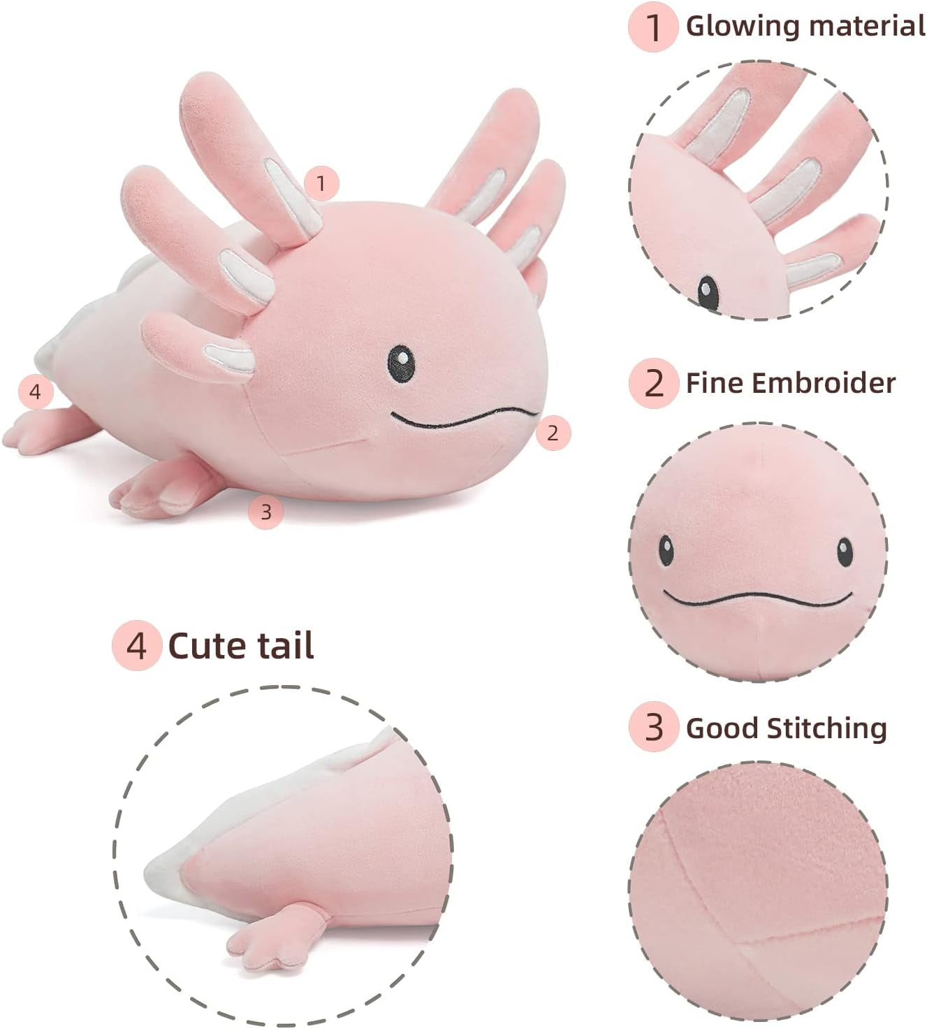 20 Inch Pink Axolotl Plush Toy - Luminous, Realistic, Cute Stuffed Animal Plushies for Girls & Boys - Glow-In-The-Dark Birthday Gifts