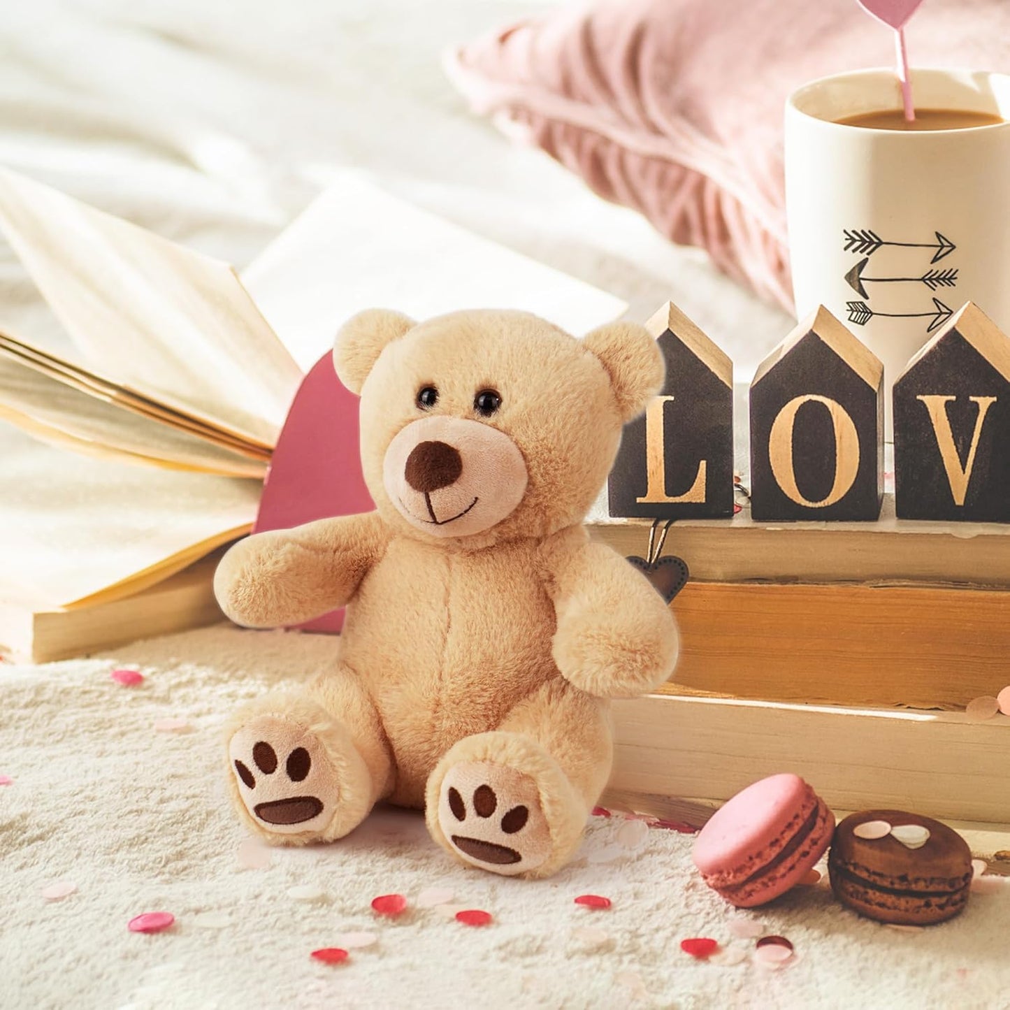 Teddy Bear Stuffed Animals, 10 Inch Soft Cuddly Plush Toys, Cute Plushies with Footprints, Stuffed Animals for Girls Kids Baby Toddlers, Baby Shower Easter Birthday Gift Decor, Light Brown